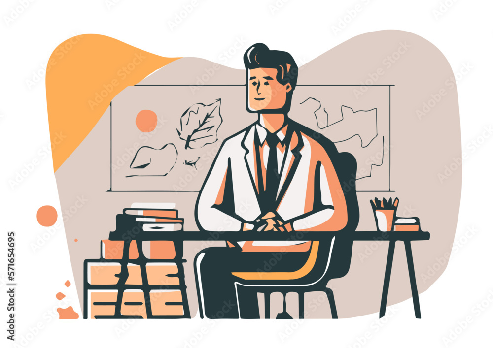 Teacher sitting at the desk, man working at the university Teacher sitting at the desk, man working at the university