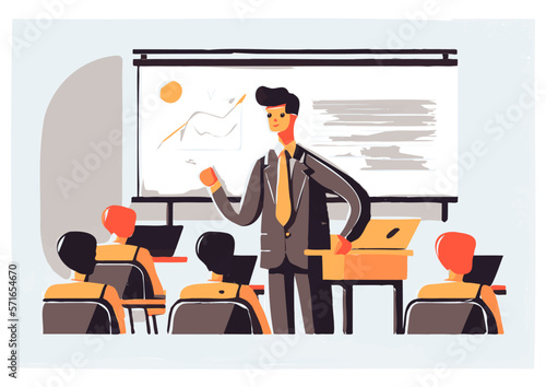 Teacher in a classroom, vector illustration, students in university, team meeting at an office