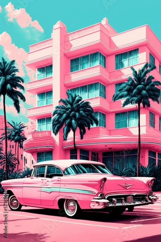 Vintage Cuba Travel Poster in Pink Retro 80's Synthwave Style - with classic cuba car palm trees and hotel - Generative AI Illustration