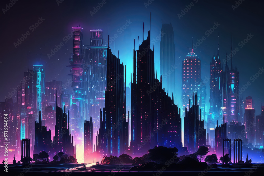 Digital painting of neon mega city with light reflection from puddles on street heading toward buildings. Concept for night life,  (CBD)Cyber punk theme, tech background (ai generated)