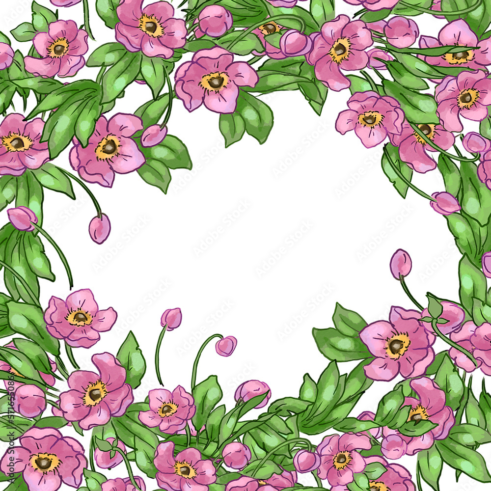 Fototapeta premium Illustration of a frame made of pink flowers and leaves. High quality illustration