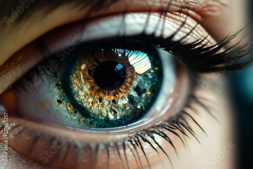 Fantastic abstract close-up picture of woman eye with eyelash and colorful iris. Wallpaper, decoration, poster created with Generative AI