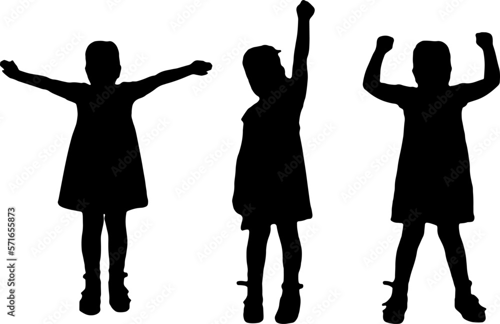 Child Little happy girl with raised hands. Conceptual image of happy children and happy childhood