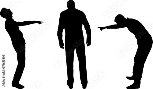 Silhouettes of two men laughing at another person pointing a finger at him. The concept of bullying