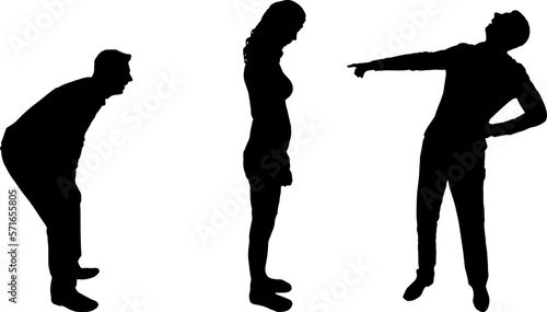 The silhouettes of two men are laughing and pointing at the woman. The concept of bullying