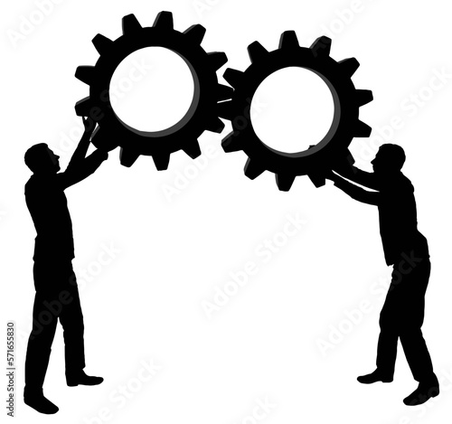 Silhouette of two men holding gears put them together in one gear