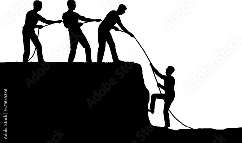 Three climbers help a friend up. Teamwork of male climbers. Business teamwork concept
