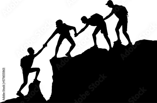 Male climbers help each other in the mountains. Vector Silhouette. Conceptual business scene of teamwork