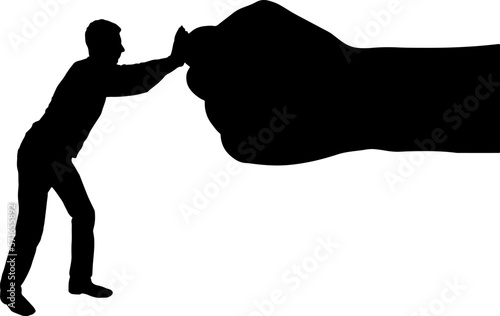Silhouette of man resists big fist hand. The concept of inequality