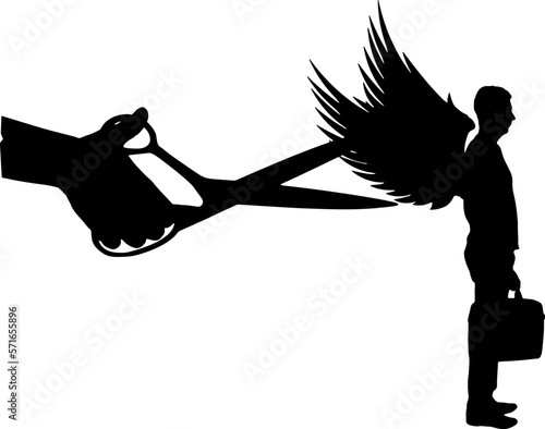 Fototapeta Naklejka Na Ścianę i Meble -  Silhouette of a large hand with scissors intends to prune the wings of a man. Concept of meanness and betrayal in business