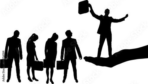 Hiring process. A sad crowd of potential candidates and the hand of the boss who chose a man for this position.