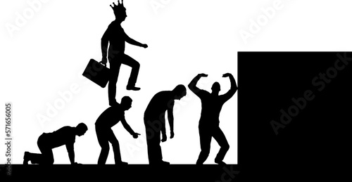 A selfish man walks the heads of people as on the steps to the highest post behind the crown