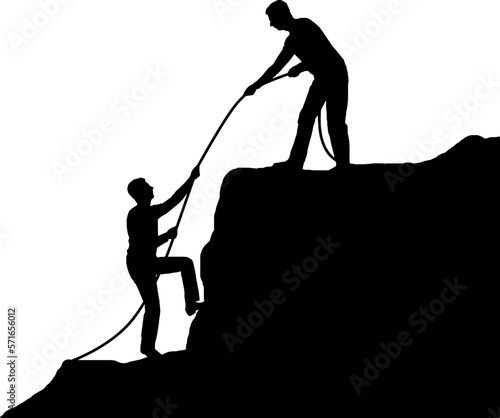 Silhouette climber helps to climb the top of another climber, throwing him a rope. Business teamwork concept.