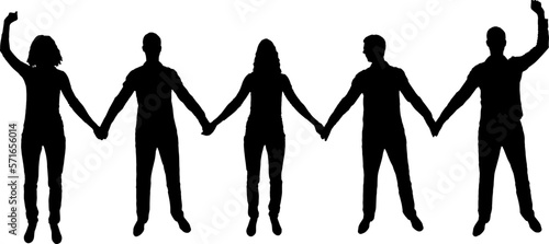 Silhouette of a group of happy people of five people holding hands at sunset. The concept team, business, teamwork