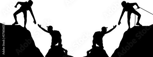 Silhouette of a male climber extending a helping hand to his partner to overcome an obstacle. Teamwork and Business Concept