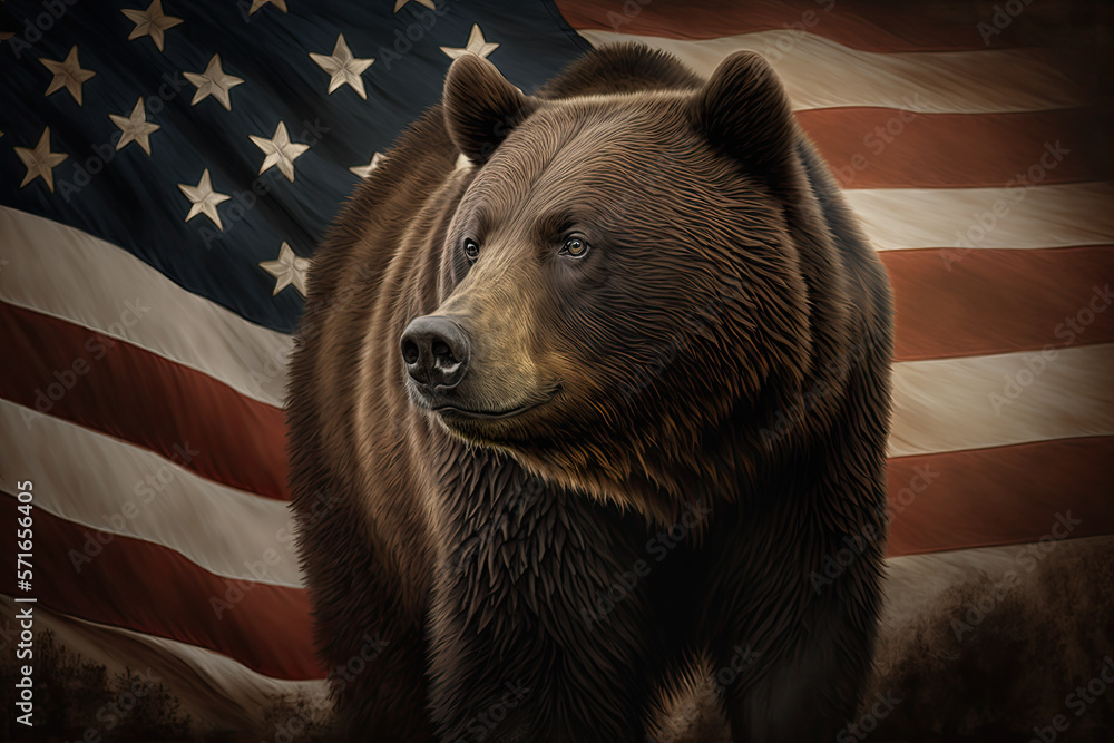 a brown grizzly bear in the background is the american flag. Generative AI - obrazy, fototapety, plakaty 