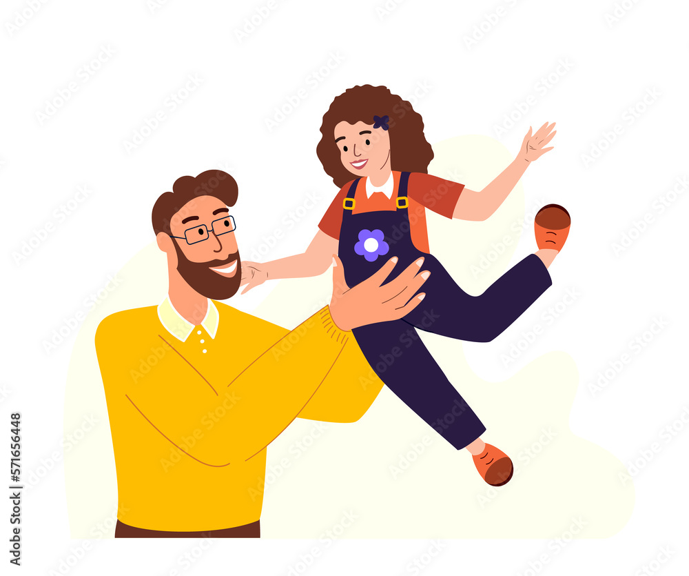 Father and Daughter spend time together.Happy father Daddy keep child Girl on hands.Family Loving and Warm relationships,Girl Kid trust her Dad.Man support his Child.Flat vector isolated illustration Father and Daughter spend time together.Happy father Daddy keep child Girl on hands.Family Loving and Warm relationships,Girl Kid trust her Dad.Man support his Child.Flat vector isolated illustration