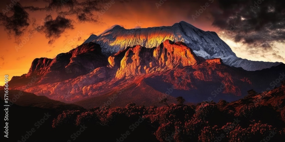 Sunset on Mount Kinabalu from Sabah, Malaysia. Generative AI