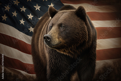 a brown grizzly bear in the background is the american flag. Generative AI