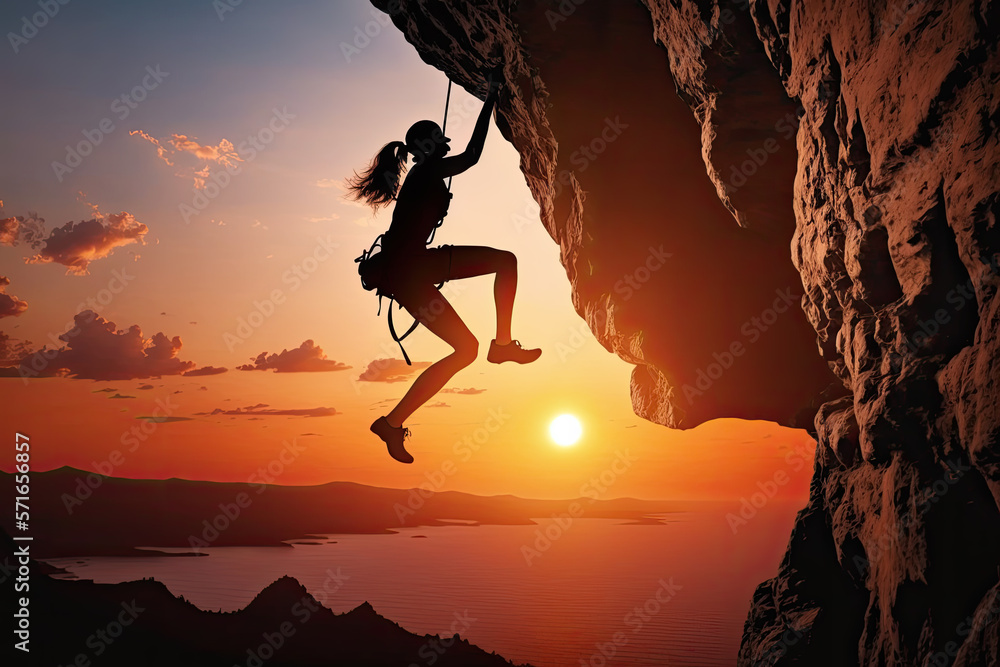 an athletic female climber is stuck on a cliff at sunrise. silhouette. Generative AI