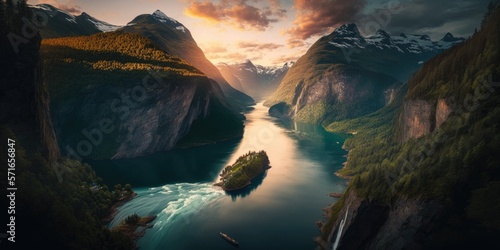Beautiful summer sunset over the Sunnylvsfjorden fjord canyon in the western Norwegian village of Geiranger. Aerial image of the renowned Seven Sisters waterfalls in the twilight. Background of the na