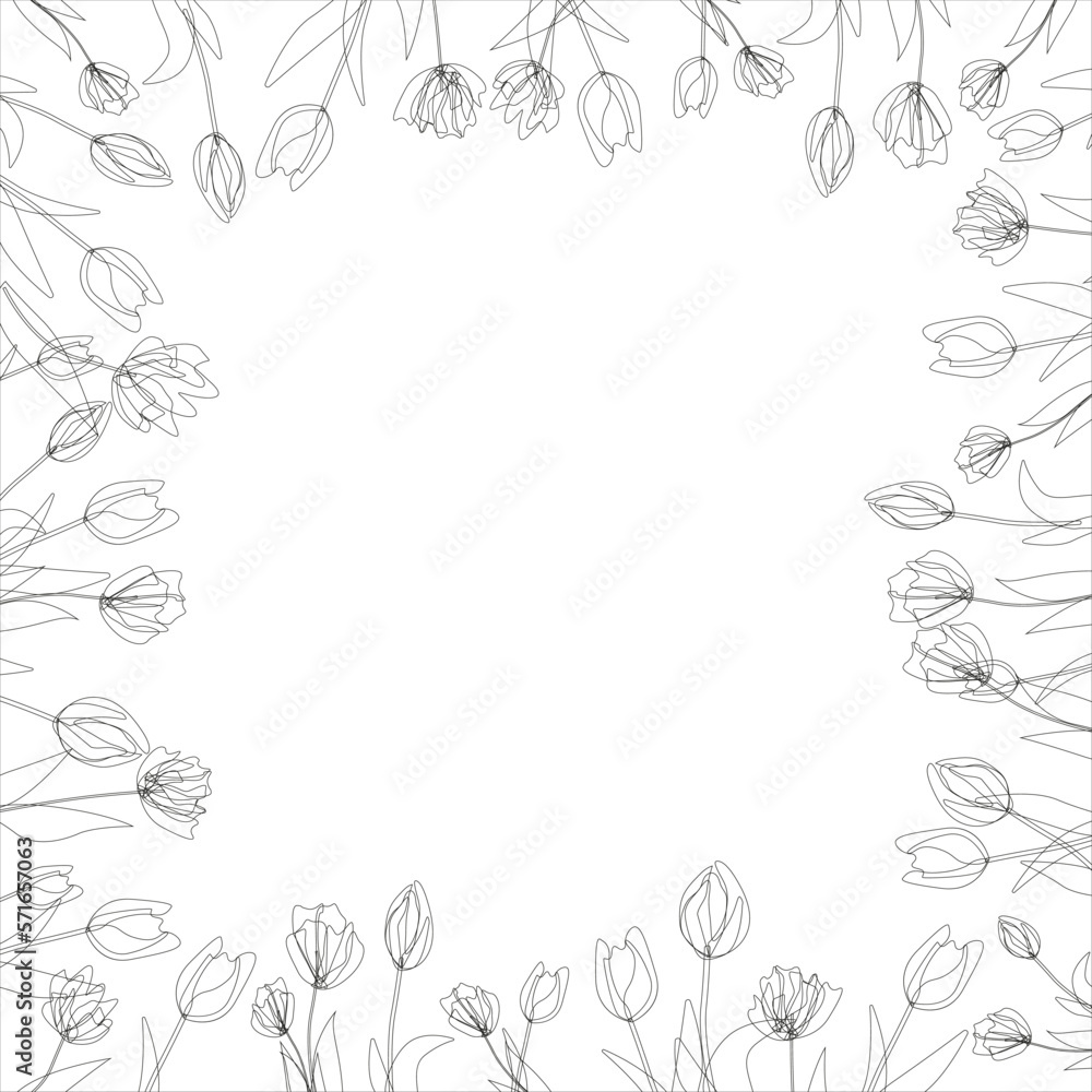 Vector square frame, wreath from outline tulips. Spring flowers. Hand drawn doodle. Background, border, decoration.