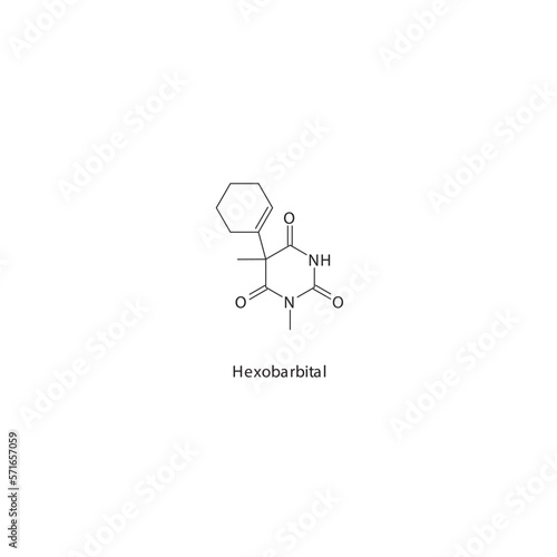 Hexobarbital  flat skeletal molecular structure Barbiturate drug used in insomnia, anxiety, siezures treatment. Vector illustration.