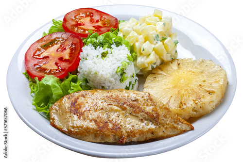 Grilled chicken breast fillet, rice, salad, potatoes, pineapple slice