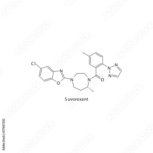 Suvorexant flat skeletal molecular structure Orexin antagonist drug used in insomnia treatment. Vector illustration.