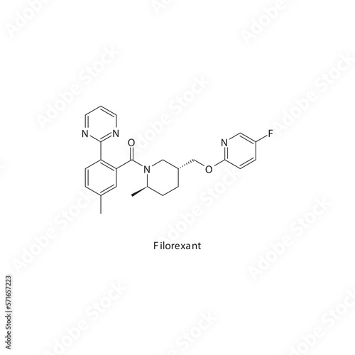 Filorexant  flat skeletal molecular structure Orexin antagonist drug used in insomnia, depression, diabetic neuropathy treatment. Vector illustration.