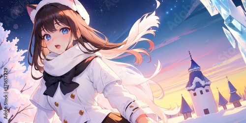 A beautiful anime girl at winter season. Generative AI