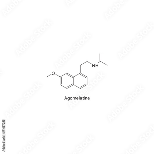 Agomelatine flat skeletal molecular structure Atypical antidepressant drug used in Depression, anxiety treatment. Vector illustration.