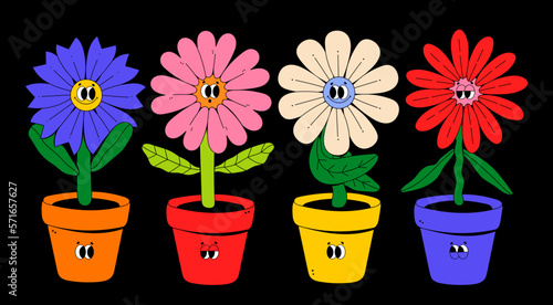 Pots with Flowers. Various shapes and colors. Abstract cartoon characters with faces. Hand drawn Vector illustration. Botanical pot, cute domestic indoor plants. Isolated elements
