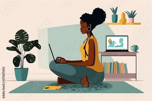 Flat vector illustration Young calm healthy black african woman sitting on the floor at home doing yoga breathing exercises, meditating and studying computer virtual online training. Mental Health Exe