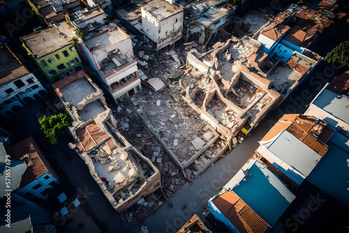 Destroy after Earthquake, rubble of house after natural disaster. Generation AI