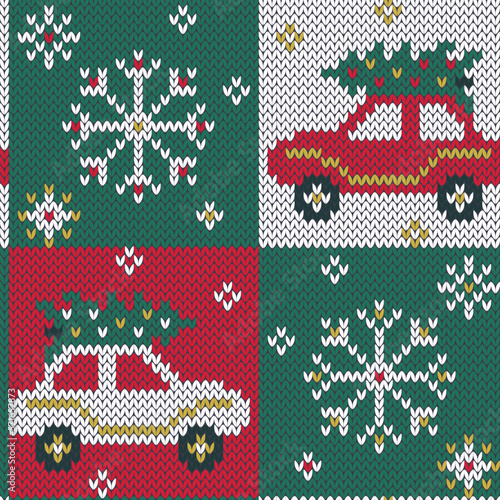 Christmas tree on car jacquard knitted seamless pattern. Winter red and green background. Crochet blanket. Vector illustration.