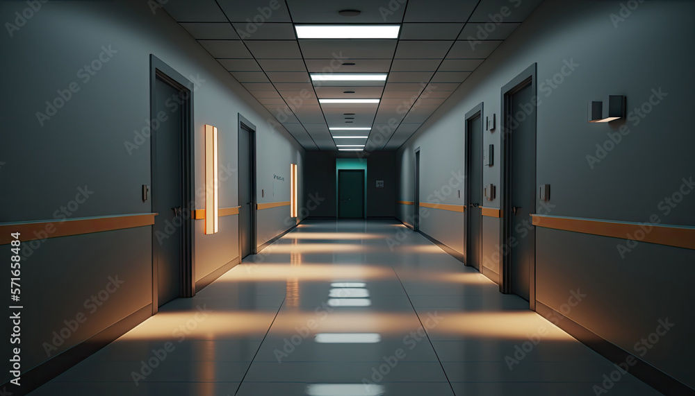 Hospital corridor floor with rooms background, empty space scene, clinic interior tunnel background, hallway, pathway for mock up with Generative AI.