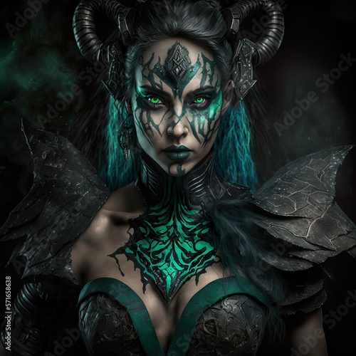 Fototapete "Jade-Eyed Sorceress: A Mysterious and Dark Full-Body Portrait with Half-Body Emphasis"