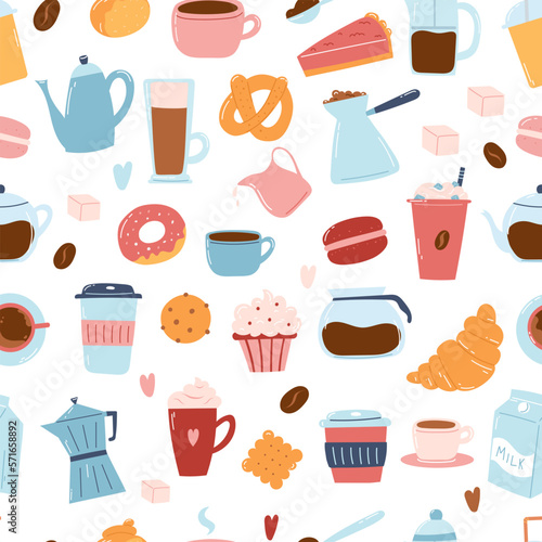 Seamless pattern with coffee items as coffee makers, cups, bakery, milk. Hand drawn vector background with modern stylish coffee icons