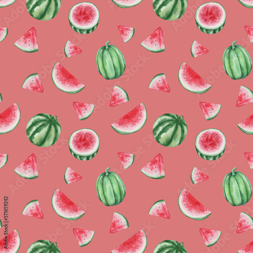 Fototapeta Naklejka Na Ścianę i Meble -  Watercolor seamless pattern. Hand painted illustration of green, red watermelon with black seeds cut in half, sliced. Summer fruits, sweet berry. Print on red background for fabric textile, packaging