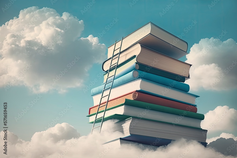 Abstract book stack with ladder on sky with clouds background. Ladder going on top of huge stack of books. Education and growth concept. 3D Rendering. Generative AI - obrazy, fototapety, plakaty 