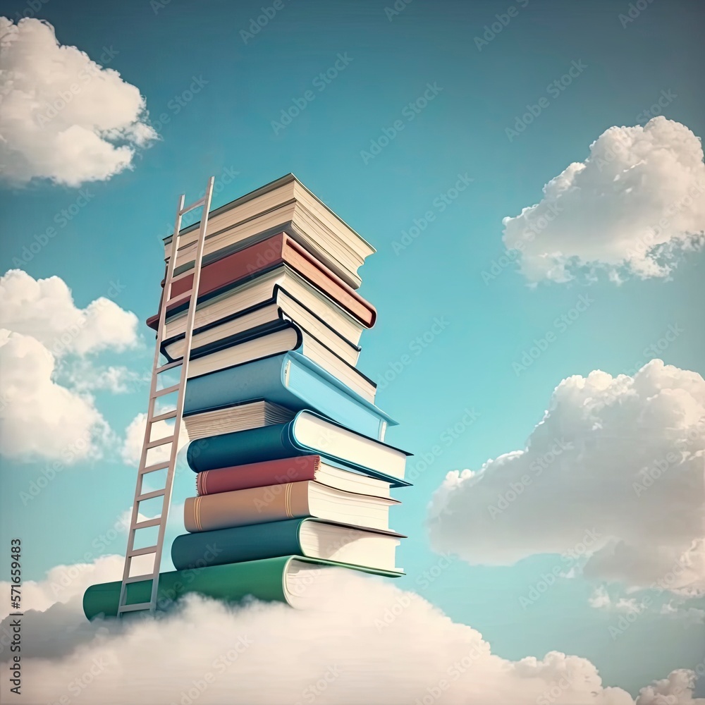 Abstract book stack with ladder on sky with clouds background. Ladder