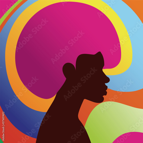 Minimalist illustration of black woman in profile with colorful details background