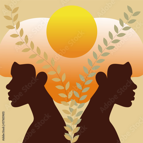Minimalist illustration of two images of black women with sun leaves and light color details