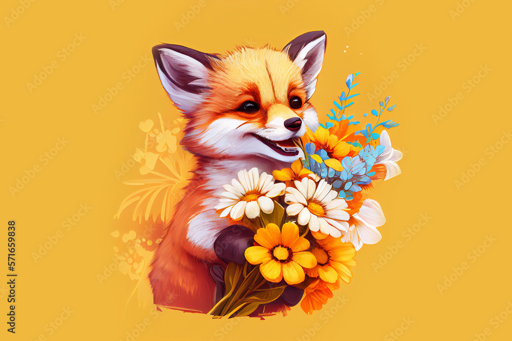 Obraz premium cute baby fox with spring flowers over yellow background. Generative A