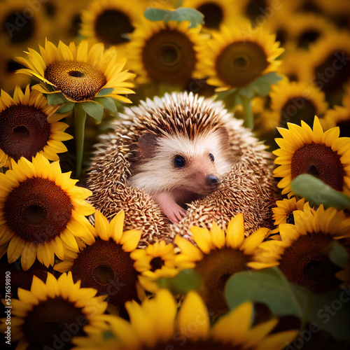 hedgehog in sunflowers. Generative Ai