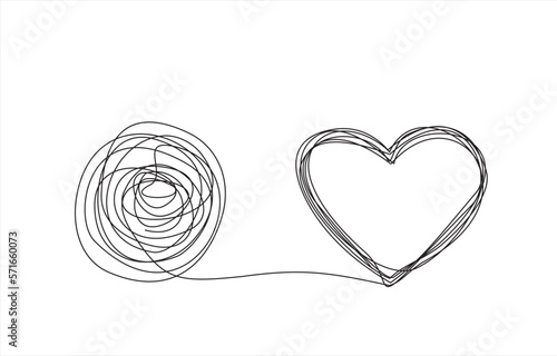Chaos and heart abstract minimalist concept vector illustration. Metaphor of disorganized difficult problem, mess with black single continuous tangle thread in need of unraveling isolated on white