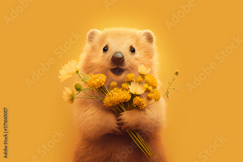 Bear with flowers over yellow background, postcard for 8 march. Generative Ai