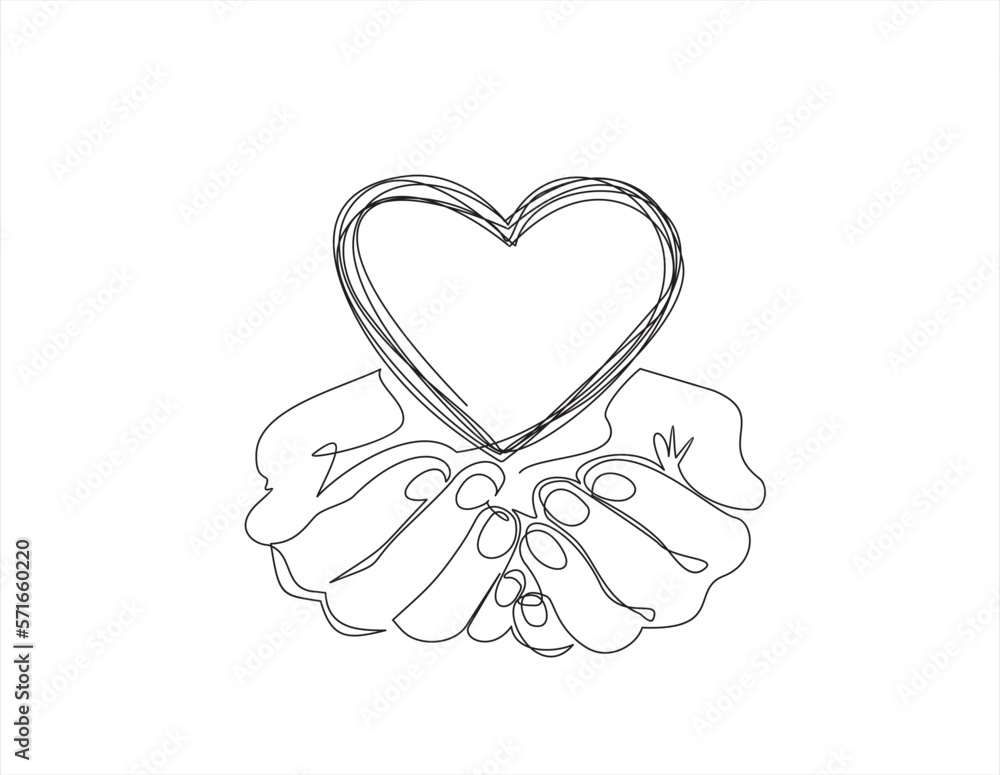 Single continuous line of hands holding heart on a white background. Black thin line of the hands with  heart. - obrazy, fototapety, plakaty 