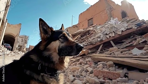 dog with collapse and destruction of building behind, idea for k9 dog in rescue team for sniff find survive people under collapse building, support Turkey, Syria,   Generative Ai photo